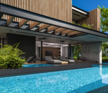 3d rendering of modern cozy house with parking and pool for sale or rent with wood plank facade and beautiful landscaping on background. Clear sunny summer day with blue sky.